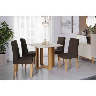 Imagem de Conjunto: Mesa Sala Jantar Flora Tampo Madeirado c/ Vidro 95x95cm e 4 Cadeiras Maia Cinamomo/Off White - Nature/Suede Mascavo Chocolate Cimol