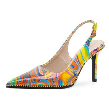 Imagem de Joseywade Slingback Heels Sapato social feminino bico fino salto alto salto alto com contas douradas, Calor multicolorido, 37 BR