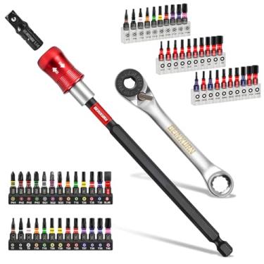 Imagem de Geinxurn Conjunto de chaves catraca 2 em 1 com cabo duplo em T, catraca reversível de 72 dentes de 1/10.2 cm com suporte de broca, adaptador de soquete e brocas de chave de fenda de impacto de 2,5 cm