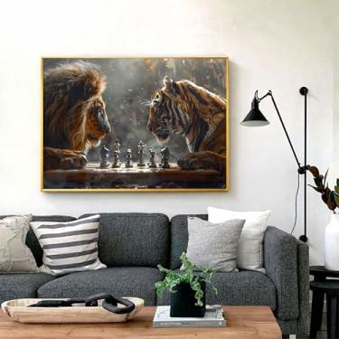 Imagem de Quadro Decorativo em Canvas Premium Leão vs Tigre Jogando Xadrez Sala Escritório 100x70 (01, Dourado, 100x70)