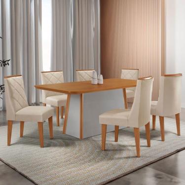 Imagem de Mesa De Jantar Diane 180cm Tampo Mdf Lam 6 Cadeiras Isadora Moderna Veludo Creme Naturale Off White