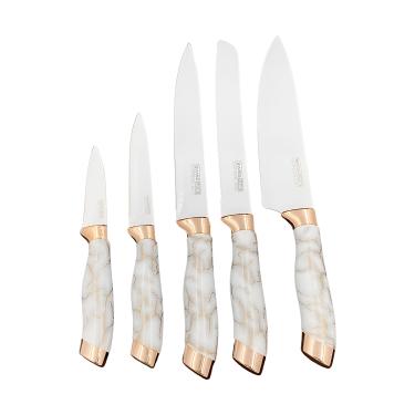Imagem de Conjunto 5 Facas Estilo Mármore Suporte Cozinha Utensílios Cor:Branco