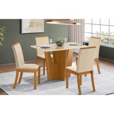 Imagem de Conjunto Mesa De Cozinha Vértice Tampo Madeirado Com Vidro Canto Reto 120x80cm E 4 Cadeiras Isa Nature Linho Henn