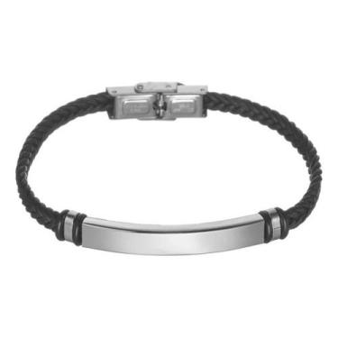 Imagem de Pulseira Masculina 8 Mm Couro Placa Aço Inox Chapa P Gravar - De Castr