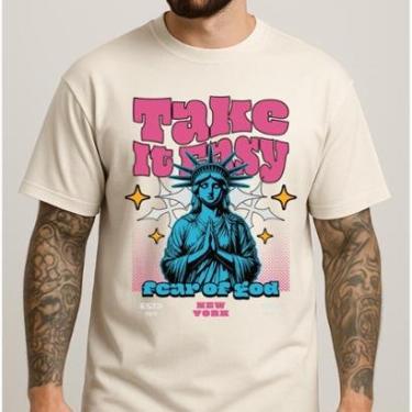 Imagem de Camiseta Masculina Algodão Penteado Estampa Retrô Alta Definição Manga Curta Gola Redonda Casual-Masculino