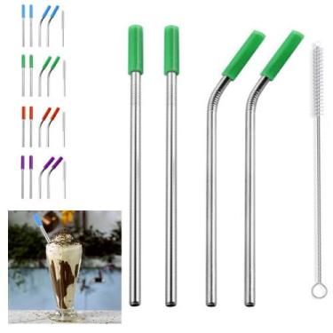 Imagem de Canudos Aço Inox Milk Shake Silicone 7mm kit 4 Reutilizaveis - AB MIDI