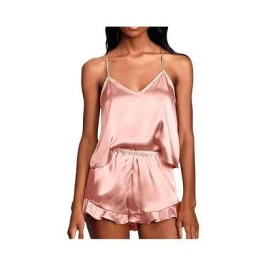 Imagem de Conjunto De Pijama Feminino Sexy De Seda E Cetim Com Top Cami Decote V