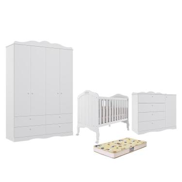 Imagem de Dormitório Encanto Guarda-roupa, Cômoda E Berço Harmonia Branco Com Colchão Supreme - P...