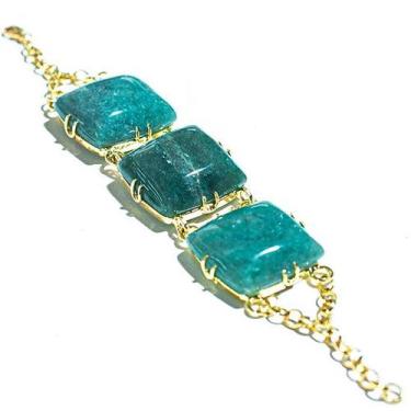 Imagem de Bracelete 3 Pedras Naturais Quartzo Verde Quadrado Dourado - Cristaisd