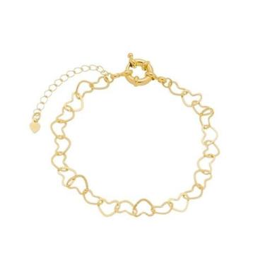 Imagem de Pulseira Corrente de Corações com Fecho de Boia Banhada em Ouro 18K - 