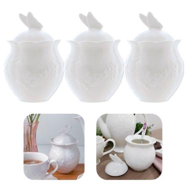 Imagem de Kit 3 Açucareiro de Porcelana New Bone Butterfly Flower com Tampa 300g Borboletas e Flores Branco Lyor