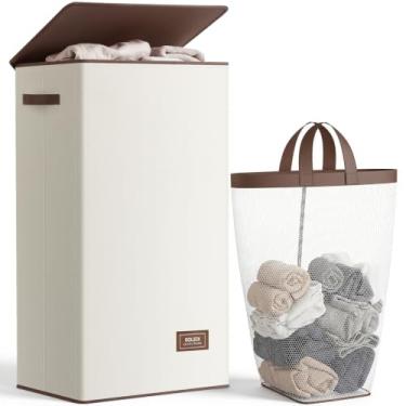 Imagem de SOLEDI Cesto de roupas com tampa – 100 L GG – Cesto de roupa grande com bolsa removível, cestas de lavanderia dobráveis, armazenamento conveniente – Cestos para lavanderia para quarto, banheiro