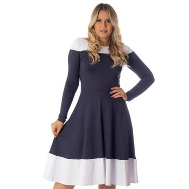 Imagem de Vestido Duas Cores Na Horizontal Azul Marinho E Branco Ficalinda Manga