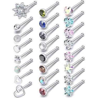 Imagem de Prjndjw Piercing de nariz 20G para mulheres e homens, aço cirúrgico, hipoalergênico, anel de nariz indiano, diamante zircônia cúbica fofo, formato de estrela, coração, prata, calibre 20, Metal Cristal, Zircônia cúbica,