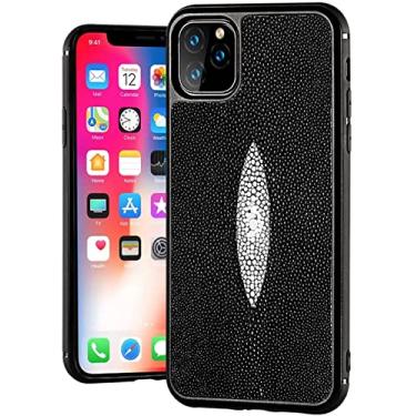 Imagem de KKFAUS Luxuosa capa de telefone traseira totalmente envolta, para Apple iPhone 13 Pro (2021) capa de couro de peixe pérola de 15 centímetros com forro de microfibra (cor: preto)