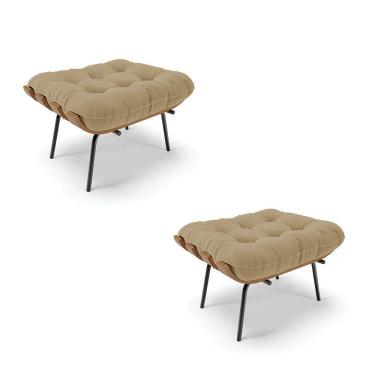 Imagem de Kit 02 Puffs Costela Linho Base Metálica Preto A32 Palha