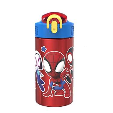 Imagem de Zak Designs Garrafa de água infantil de aço inoxidável de parede única 18/8 da Marvel, 440 g, com tampa de bico de bloqueio de canudo, copo durável para esportes ou viagens, aranha e seus amigos incríveis