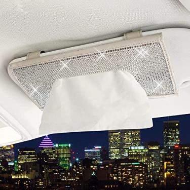 Imagem de ChuLian Capa de papel toalha com cristais de couro para viseira de carro Bling Bling e clipe de óculos de sol com glitter para mulheres bege