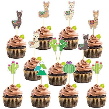 Imagem de Llama Cactus Cupcake Toppers Party Cake Toppers 48 peças, Mexican Fiesta Alpaca Cactus tema festa suprimentos decoração bolo para chá de bebê e festa de aniversário