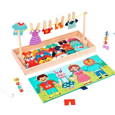 Imagem de 1 caixa quebra-cabeça madeira para meninas pequenas, 2 em 1, brinquedos educativos para pendurar roupas, combinar quebra-cabeça madeira para a família com estojo armazenamento, brinquedo vestir Montessori para 3 anos