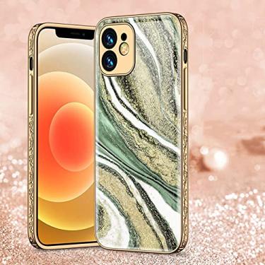 Imagem de Para iPhone 13 12 11 Pro Max Case Textura floral 3D Protetor de proteção total Lente Câmera Capa de vidro temperado, ouro verde, para iPhone 13Pro Max