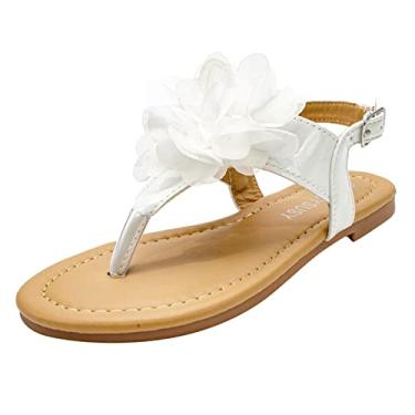 Imagem de Sandálias infantis de fundo plano com bico de pino flor sapatos de praia com pino dedo do pé sandálias meninas fantasias, Branco, 11 Little Kid