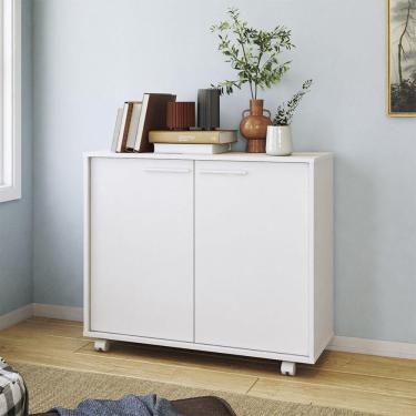 Imagem de Balcão Multiuso 2 Portas 2 Prateleiras com Rodízios MDP 12mm Branco