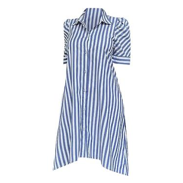 Imagem de Vestido feminino casual listrado estampado manga curta manga curta vestido feminino listrado vestido camisa manga curta, Azul, M