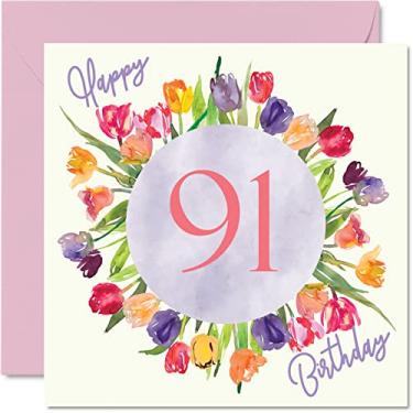 Imagem de Lindos cartões de aniversário de 91 anos para mulheres - buquê de flores de tulipas aquarela - cartão de feliz aniversário para sua bisavó babá vovó 14 x 14 cm, lindo presente floral cartões de felicitações