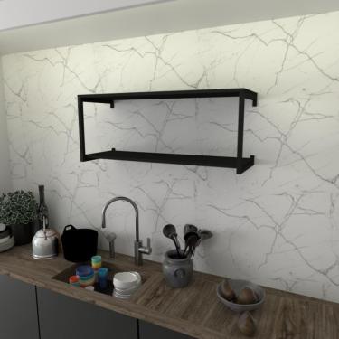 Imagem de Prateleira Industrial Suspensa Estante Parede Nicho Preto Ferro E Madeira Suporte Pratileira