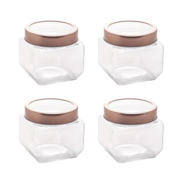 Imagem de Kit 4 Pote de Vidro Quadrado com Tampa Rose Gold 0,8L - Lyor