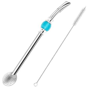 Imagem de Canudo reutilizável Bombilla Yerba Mate - Filtro de aço inoxidável removível estilo colher com uma linda conta - Canudo de metal para beber chá de folhas soltas - Inclui escova de limpeza (azul)