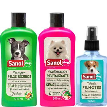 Imagem de Kit banho cães: Shampoo Cães Pelos Escuros, Condicionador Revitalizante e Perfume colônia fragrância Baby Sanol