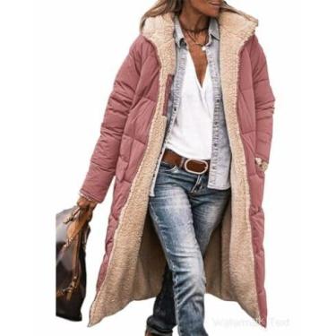 Imagem de Casaco acolchoado grosso e quente, jaqueta de manga comprida plus size feminina caminhada inverno moderno jaqueta com zíper macio fino sólido, rosa, M
