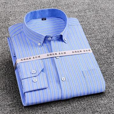 Imagem de Camisa masculina listrada xadrez Oxford manga longa confortável gola respirável botão design slim fit vestido masculino Y-4 listra azul, 42 - 3GG