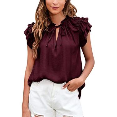 Imagem de Blusas femininas modernas plus size de manga curta lindas blusas lisas para sair, blusas casuais de verão, camisetas boêmias, túnica básica, Vinho, P