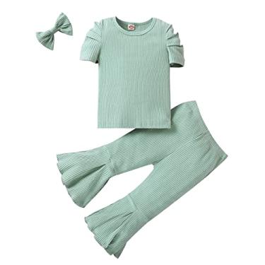 Imagem de Conjunto de 2 peças para bebês meninas, camiseta de manga curta e calça flare com faixa de cabeça, conjunto de roupas de verão, Verde, 6-12 Meses