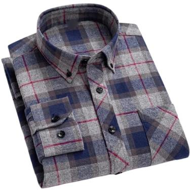 Imagem de Camisa social masculina xadrez clássica de flanela com botão e bolso frontal para inverno, C-161, M