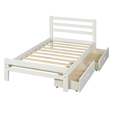Imagem de Cama plataforma de madeira solteiro/completa com duas gavetas, estrutura de cama de madeira com cabeceira estilo modren base de colchão sem necessidade de mola box (solteiro branco)