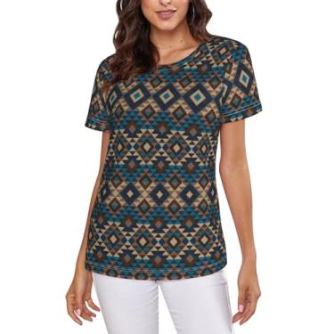 Imagem de WMQWLGOF Camiseta feminina étnica tricotada de tecido jacquard, geométrico, estampada, personalidade moderna, manga curta, Malha étnica, P