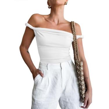 Imagem de Tankaneo Camiseta regata feminina com ombros de fora, sem mangas, caimento justo, elástica, Y2K, Branco, G