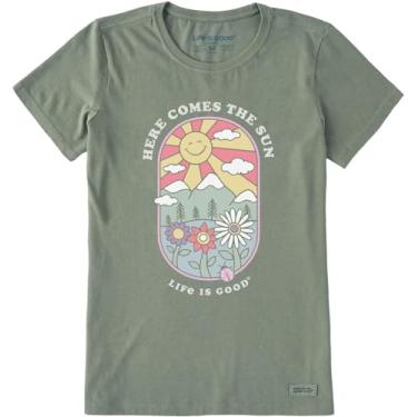Imagem de Life is Good - Camiseta feminina retrô Here Comes The Sun, Verde musgo, 3G