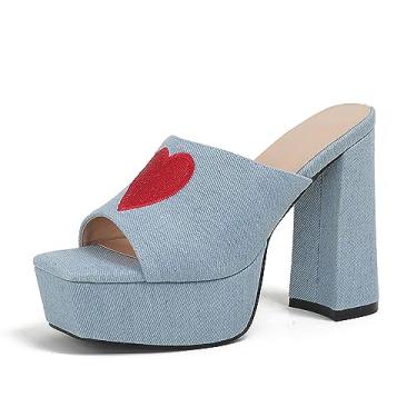 Imagem de WEALTHY73 Sandálias femininas de bico quadrado salto agulha alto bico aberto 12 cm / 4,7 pol padrão de coração jeans moda plataforma, azul, US8,5 EU42