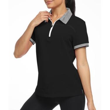 Imagem de Little Beauty Camisa polo feminina de golfe com zíper de manga curta atlética com absorção de umidade e gola polo com zíper, Preto, P