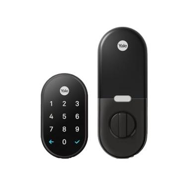 Imagem de Google Nest x Yale Lock – Trava inteligente à prova de adulteração para entrada sem chave – Fechadura com teclado para porta da frente – Funciona com sistema de alarme seguro de ninho – Camurça preta