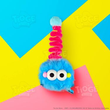 Imagem de Monstrinho Bolinha de Pelúcia Antena Espiral Presilha Cabelo Maluco Bichinho Olhos Grandes Fofo Engraçado Azul Pink