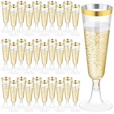 Imagem de Ruisita Pacote com 120 taças de champanhe de plástico de 142 g, taças de champanhe descartáveis de plástico para festas, taças de coquetel para casamento, aniversário, ouro