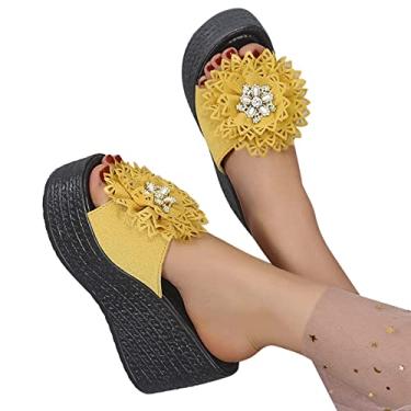 Imagem de Sandálias femininas elegantes de verão sandálias femininas confortáveis com plataforma grossa com flores sandálias de couro para viagem na praia, Amarelo, 9.5