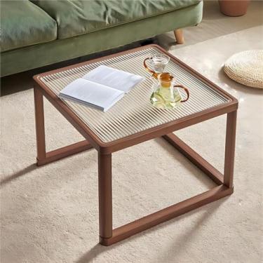 Imagem de Mesa de centro de vidro, mesas de centro pequenas para espaços grandes ou pequenos, mesas de cabeceira de vime, mesa central de 2 camadas com comprimento ajustável, para sala de estar, quarto