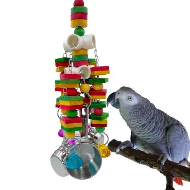 Imagem de GILYGI Brinquedo grande de papagaio, copos de madeira natural e aço inoxidável multicoloridos, brinquedos para mastigar pássaros para araras papagaios de médio e grande porte